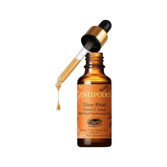 Antipodes Glow Ritual Vitamin C Serum with Plant Hyaluronic Acid 30ml dropper bottle.