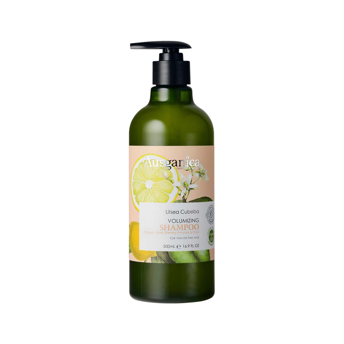 Ausganica Organic Litsea Cubeba Volumising Shampoo 500ml bottle.