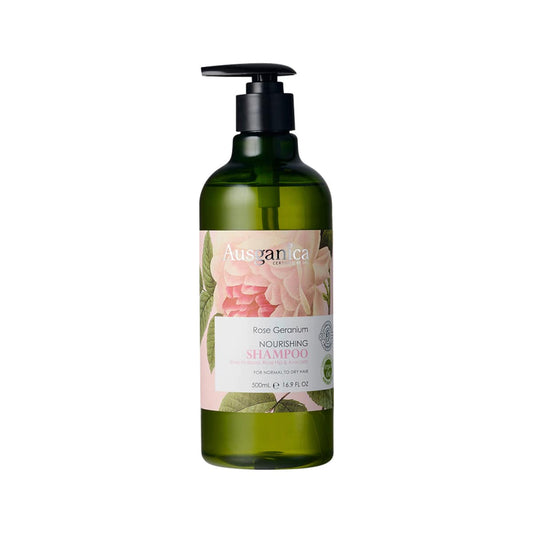 Ausganica Organic Rose Geranium Nourishing Shampoo 500ml bottle.