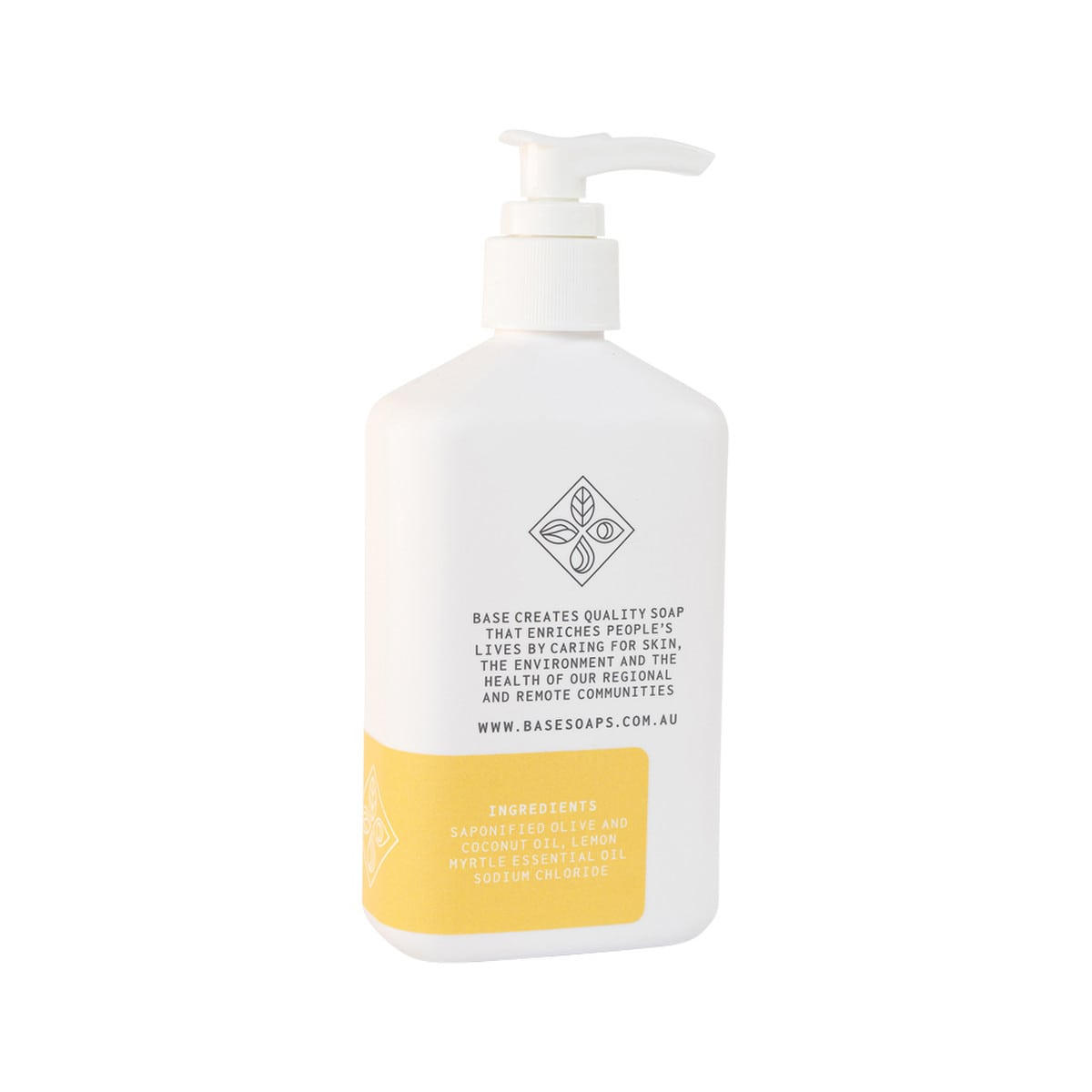 Base (Soap With Impact) Hand Wash Lemon Myrtle 250ml bottle. Back.