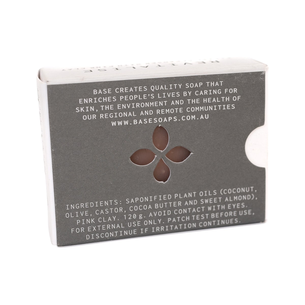 Base (Soap With Impact) Revitalise Facial Cleanser Bar with Pink Clay 120g box. Back.