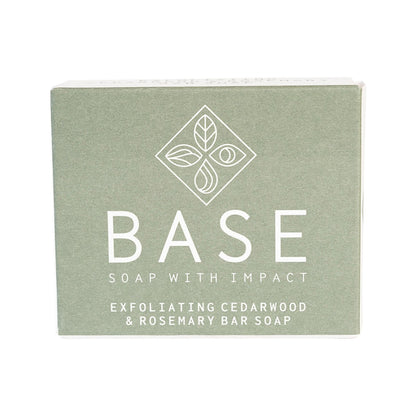 Base (Soap With Impact) Soap Bar Exfoliating Cedarwood & Rosemary 120g box. Front.