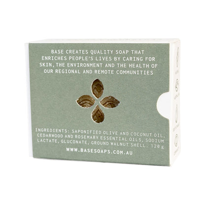 Base (Soap With Impact) Soap Bar Exfoliating Cedarwood & Rosemary 120g box. Back.