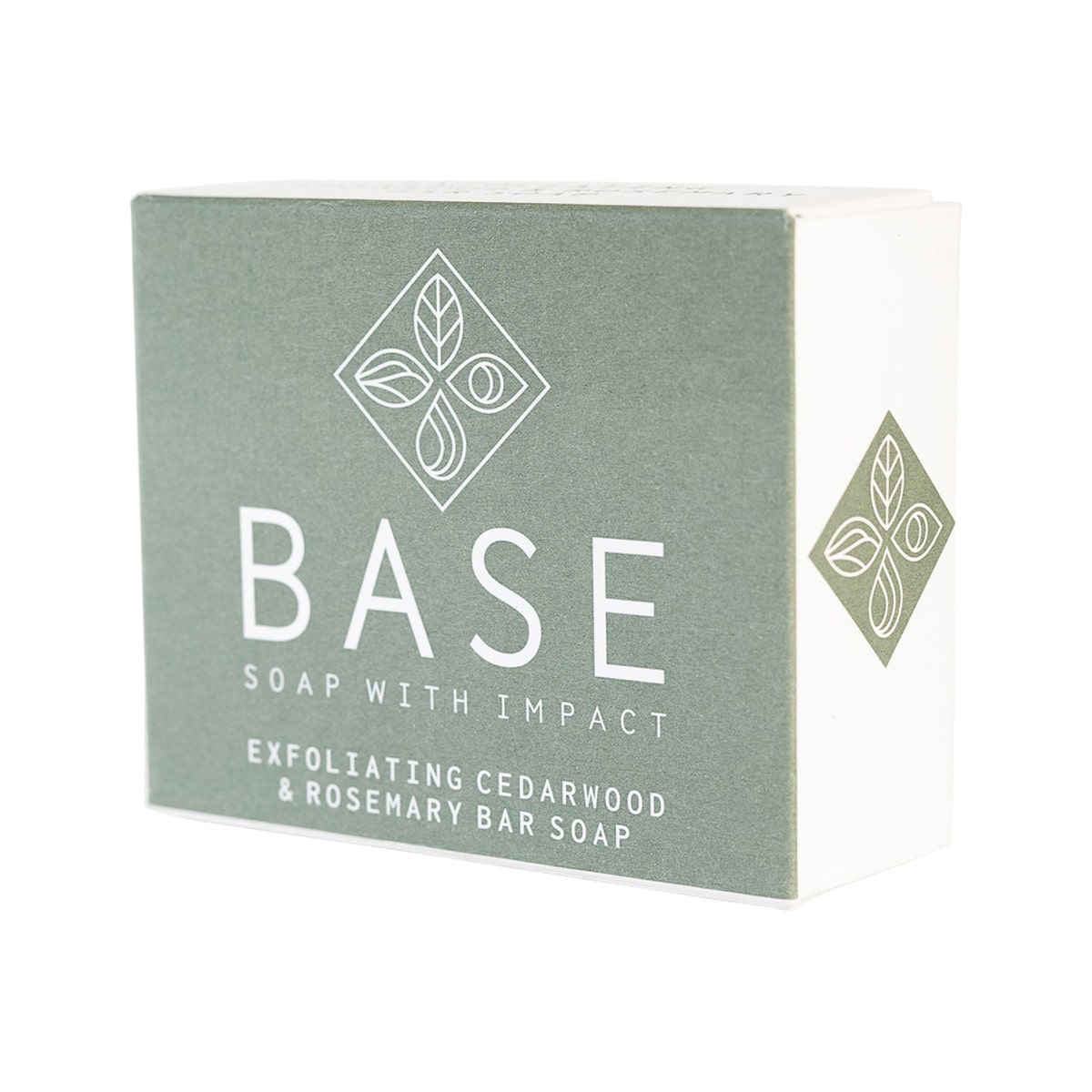 Base (Soap With Impact) Soap Bar Exfoliating Cedarwood & Rosemary 120g box. Side. 