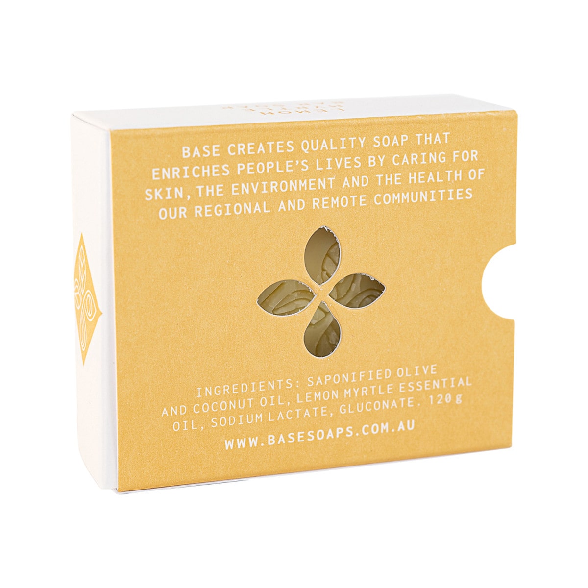 Base (Soap With Impact) Soap Bar Lemon Myrtle 120g box. Back.