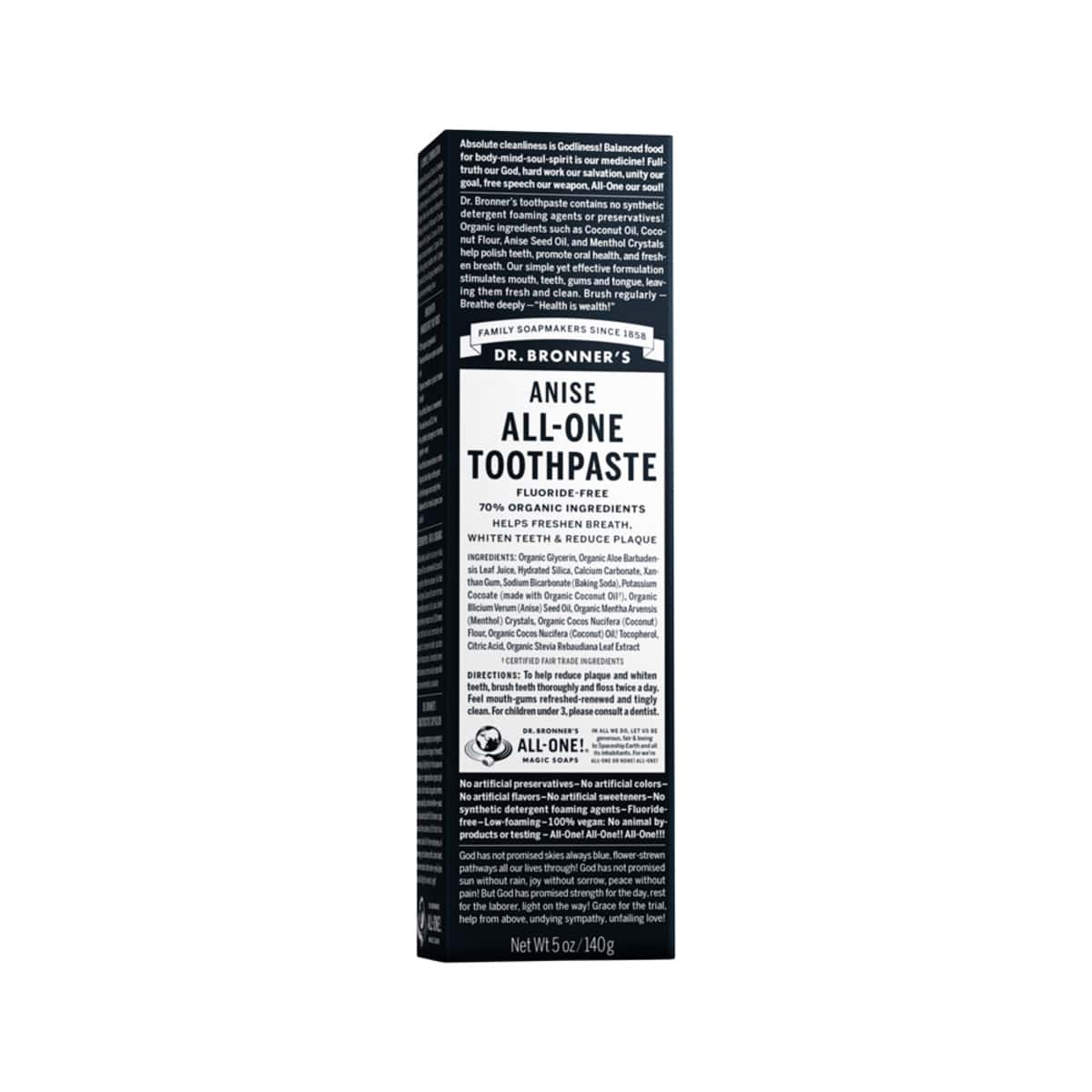 Dr. Bronner's All-One Toothpaste Anise 140g box.