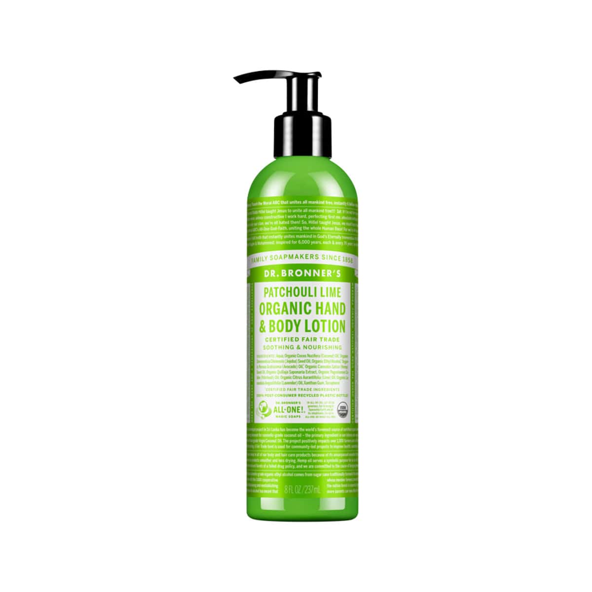 Dr. Bronner's Organic Hand & Body Lotion Patchouli Lime 237ml bottle.