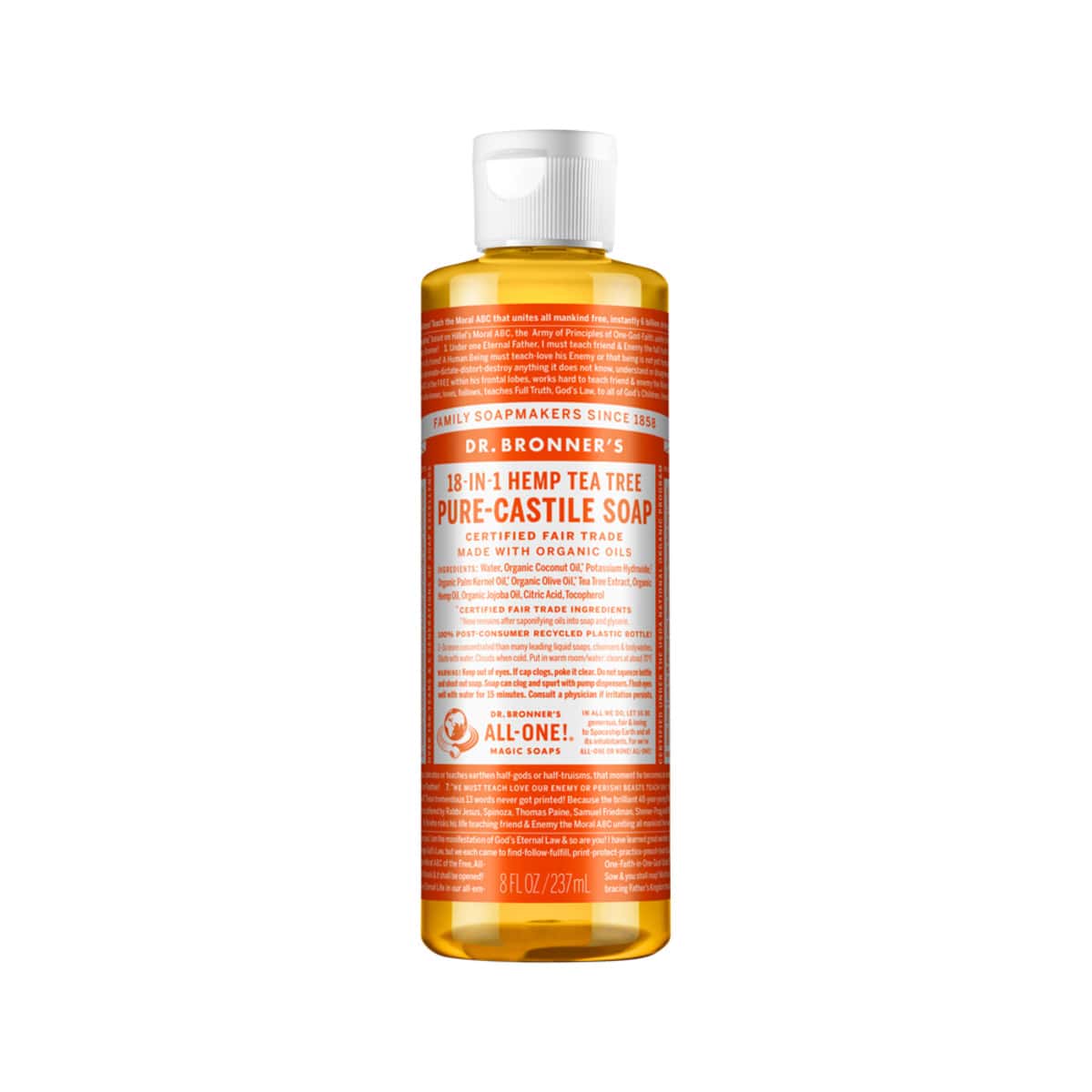 Dr. Bronner's Pure-Castile Soap Liquid (Hemp 18-in-1) Tea Tree 237ml bottle. Front.