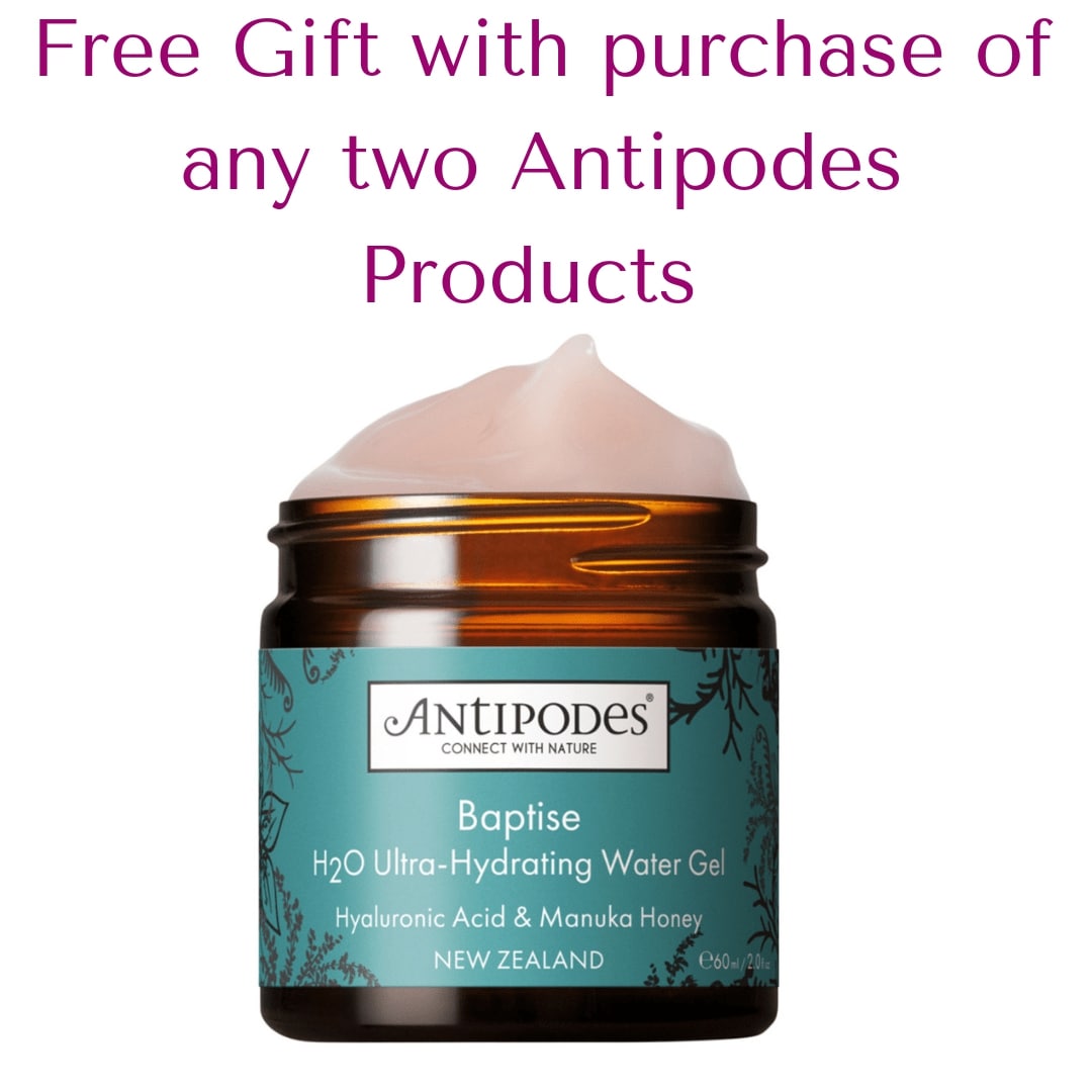 Antipodes Baptise H2O Ultra-Hydrating Water Gel Bottle. Free gift with purchase promo announcement.