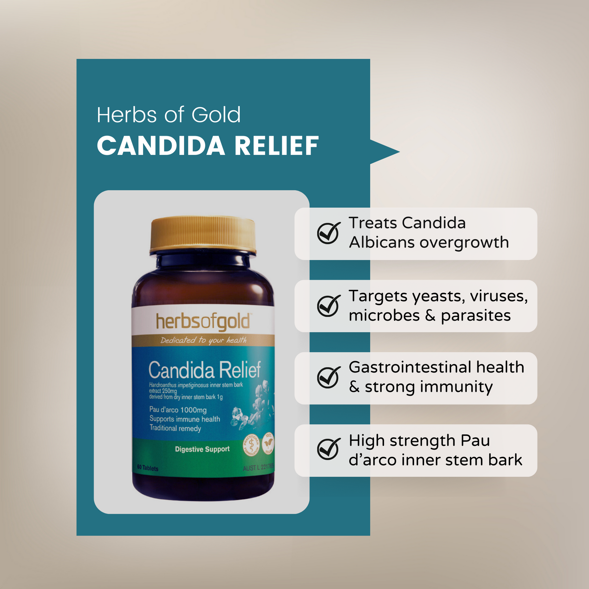 Herbs of Gold Candida Relief tablets infographic