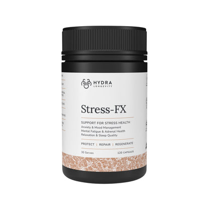 Hydra Longevity Stress-FX 120 Capsules bottle. Front.