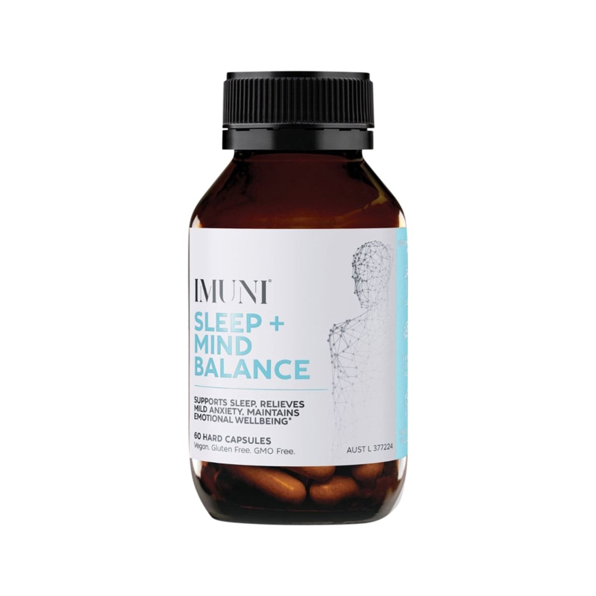 IMUNI Sleep + Mind Balance 60 Capsules bottle. Front.