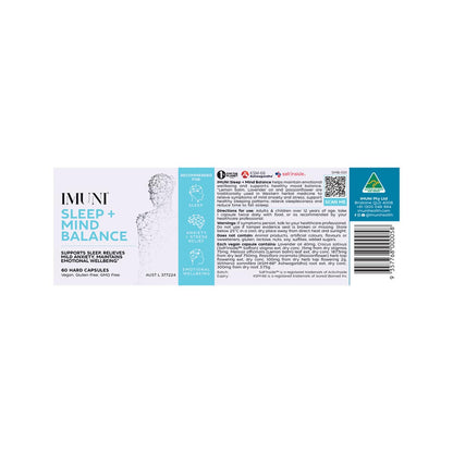 IMUNI Sleep + Mind Balance 60 Capsules. Product label.