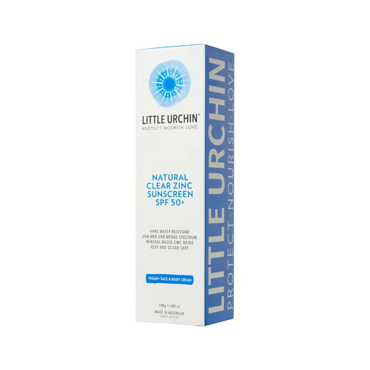 Little Urchin Natural Clear Zinc Sunscreen SPF 50+ 100g. Box front.