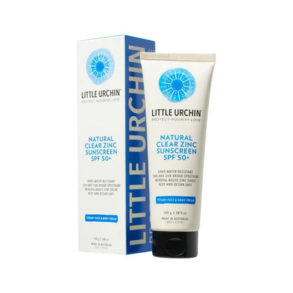 Little Urchin Natural Clear Zinc Sunscreen SPF 50+ 100g. Tube and box.