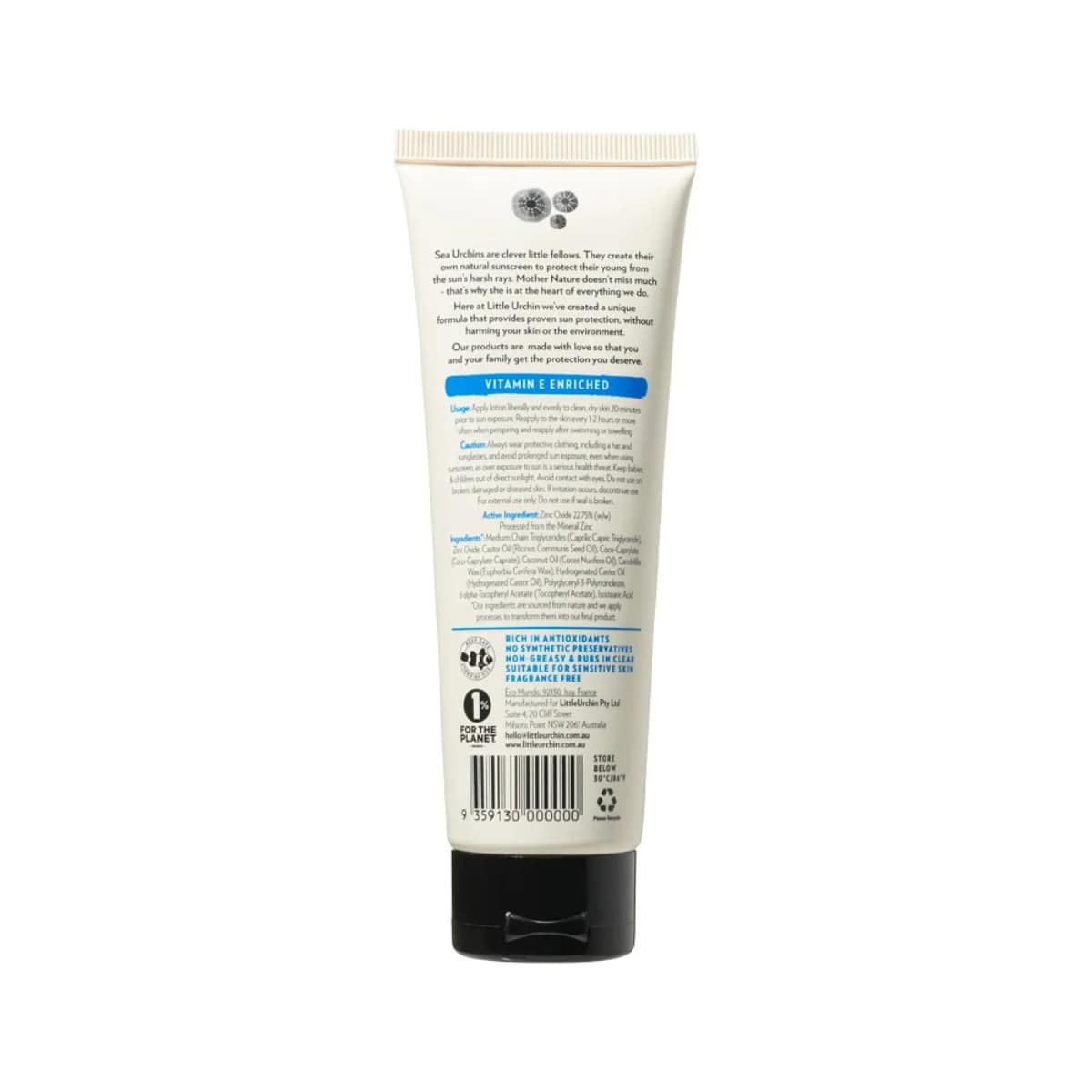 Little Urchin Natural Clear Zinc Sunscreen SPF 50+ 100g. Tube back.