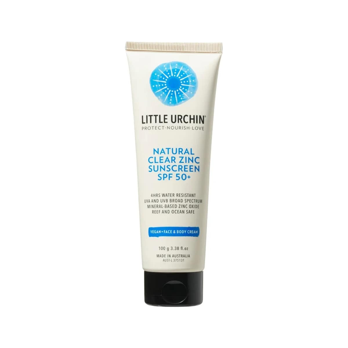 Little Urchin Natural Clear Zinc Sunscreen SPF 50+ 100g. Tube front.