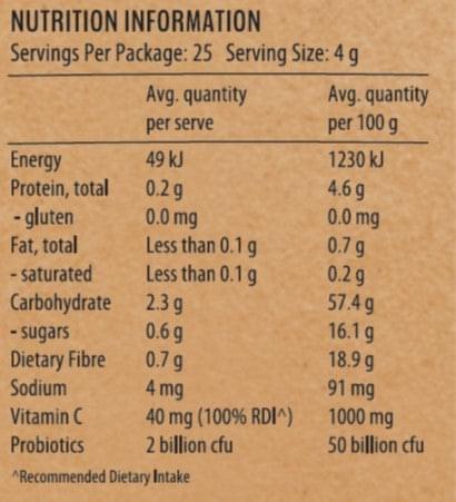 Mavella Superfoods Kombucha + Beauty Powder 100g. Nutritional information.