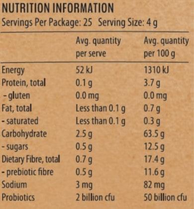 Mavella Superfoods Kombucha + Gut Powder 100g nutritional information