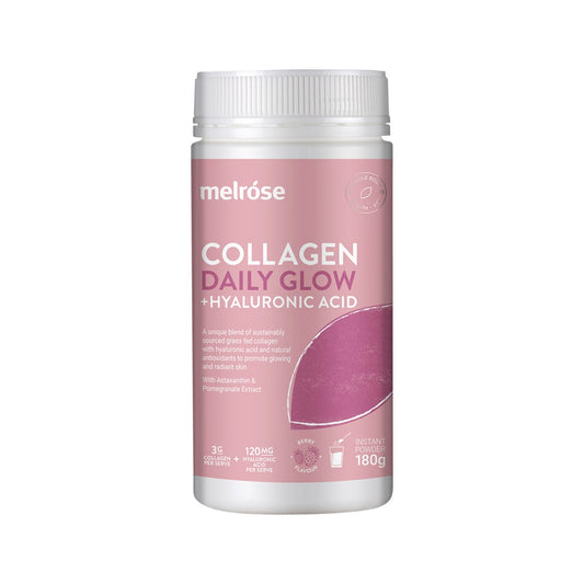 Melrose Collagen Daily Glow + Hyaluronic Acid Berry Flavour 180g Powder. Front.