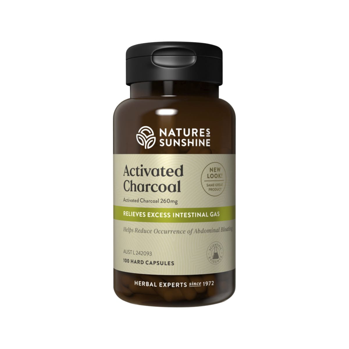 Nature's Sunshine Activated Charcoal 260mg 100 capsules bottle.