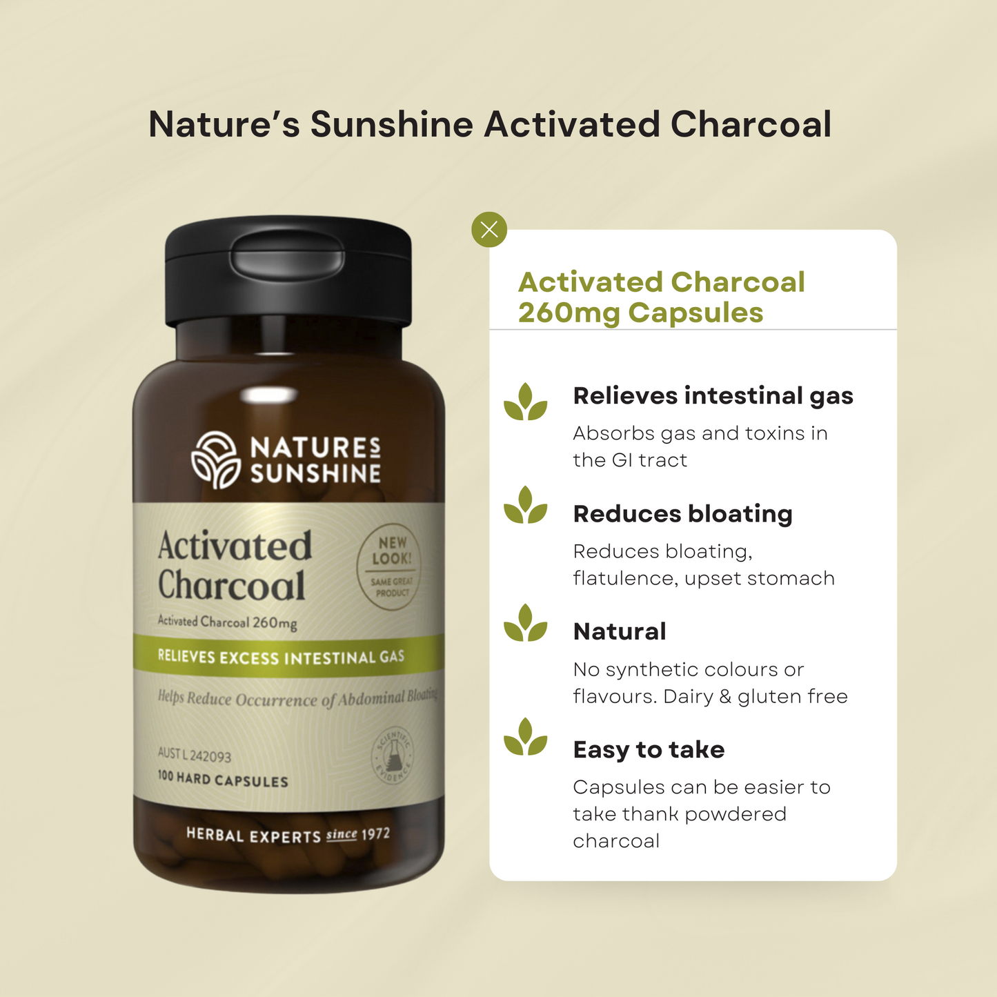 Natures Sunshine Activated Charcoal Capsules 260mg. Infographic.