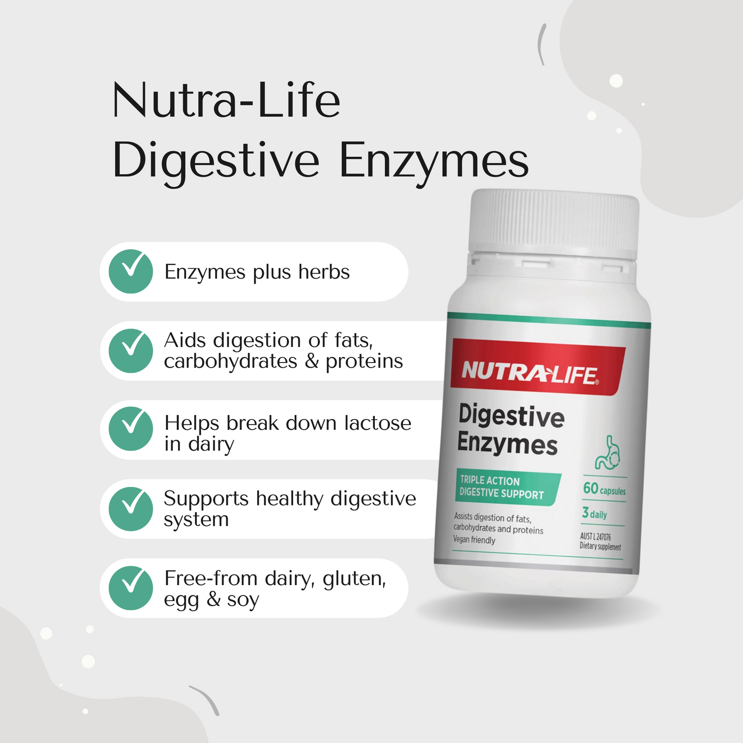 Nutra-Life digestive enzymes 60 capsules infographic.