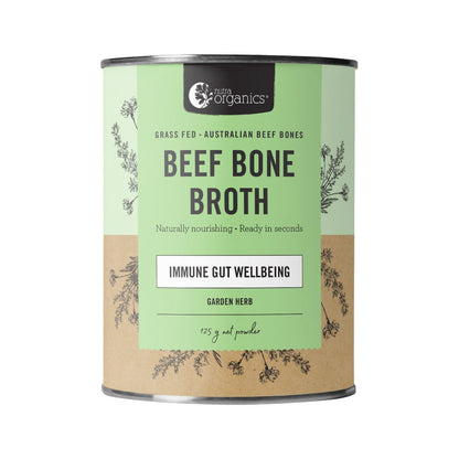 Nutra Organics Bone Broth Beef Garden Herb 125g container.