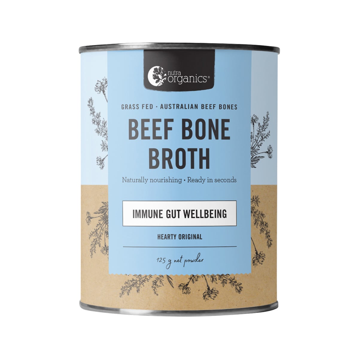 Nutra Organics Bone Broth Beef Hearty Original 125g container.