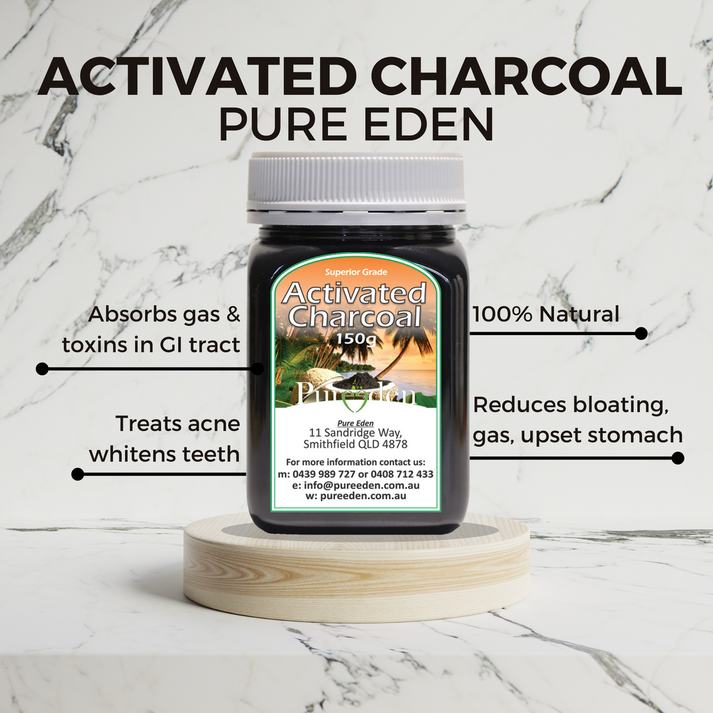 Pure Eden Activated Charcoal Powder 150g. Infographic