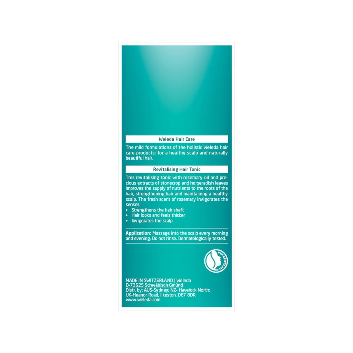 Weleda Revitalising Hair Tonic with Rosemary 100ml box. Back.