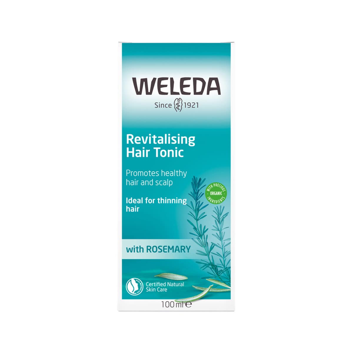 Weleda Revitalising Hair Tonic with Rosemary 100ml box. Front.