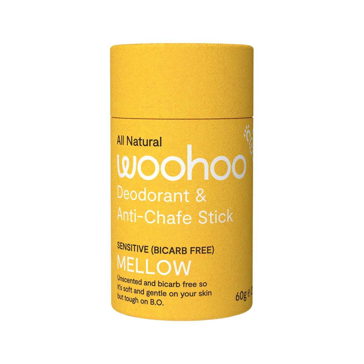 Woohoo Deodorant & Anti-Chafe Stick Mellow (Sensitive) 60g tube. Front