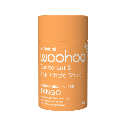 Woohoo Deodorant & Anti-Chafe Stick Tango (Sensitive Bicarb Free) 60g tube. Front.