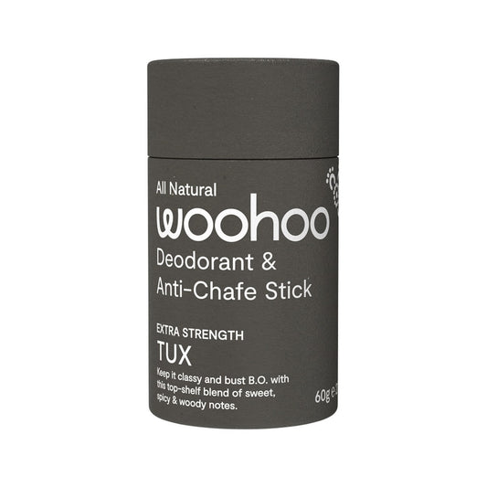 Woohoo Natural Deodorant & Anti-Chafe Stick Tux (Extra Strength) 60g tube. Front.