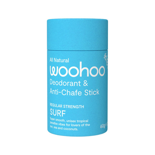 Woohoo Natural Deodorant & Anti-Chafe Stick Surf 60g tube. Front.